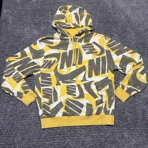 Nike Sweater Mens S Yellow Graphic AOP Sportswear Club Fleece Hoodie Sweatshirt